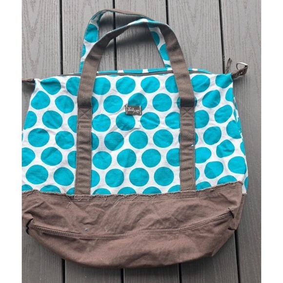 thirty-one Handbags - Thirty-One Canvas Tote Bag Womens Large Teal Polka Dot Brown Trim Zip Top